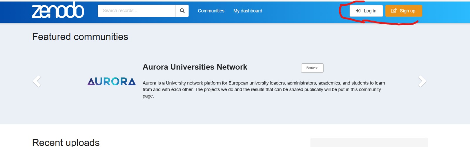 Print 1 — Tela inicial do Zenodo com botão Sign in