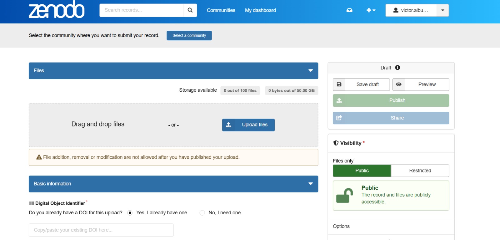Print 3 — Área Upload files e formulário básico de metadados no Zenodo